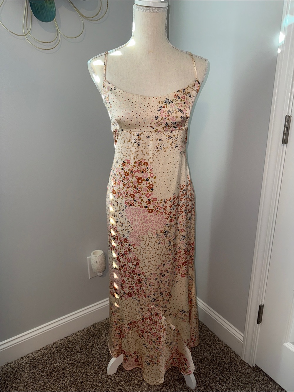 emory park Cream Floral Satin Maxi Slip Dress with Pink & Rust Accents